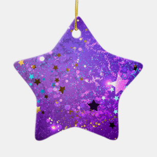 Purple foil background with Stars Ceramic Ornament