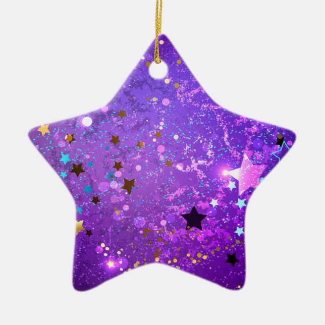 Purple foil background with Stars Ceramic Ornament (Front)