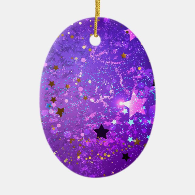 Purple foil background with Stars Ceramic Ornament (Front)