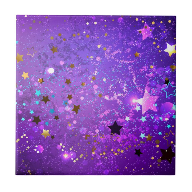Purple foil background with Stars Ceramic Tile (Front)