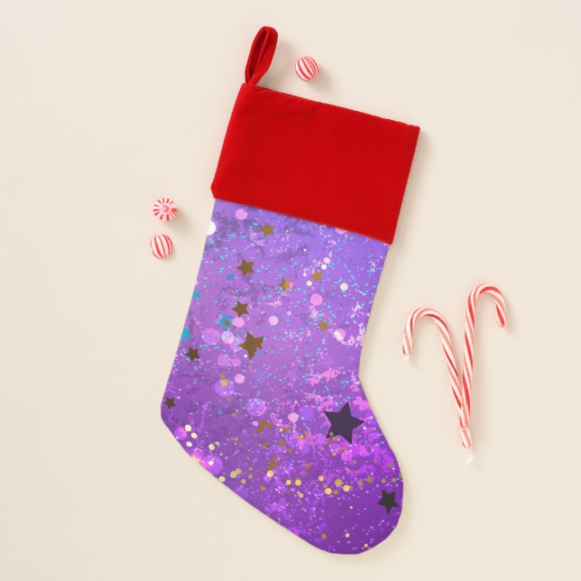 Purple foil background with Stars Christmas Stocking (Front)