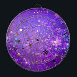 Purple foil background with Stars Dart Board<br><div class="desc">Violet invoice background with gold and blue stars. Background with stars.</div>