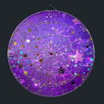 Purple foil background with Stars Dart Board<br><div class="desc">Violet invoice background with gold and blue stars. Background with stars.</div>