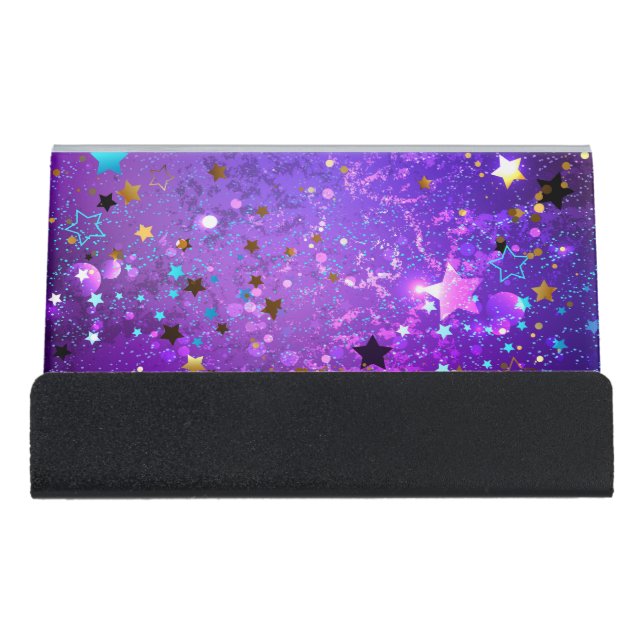 Purple foil background with Stars Desk Business Card Holder (Front)