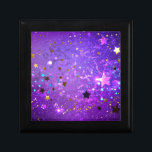 Purple foil background with Stars Gift Box<br><div class="desc">Violet invoice background with gold and blue stars. Background with stars.</div>