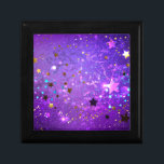 Purple foil background with Stars Gift Box<br><div class="desc">Violet invoice background with gold and blue stars. Background with stars.</div>