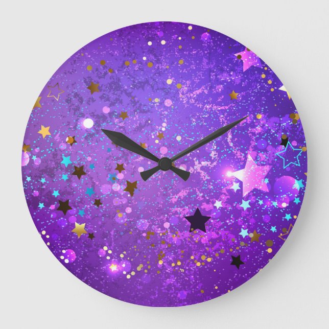 Purple foil background with Stars Large Clock (Front)