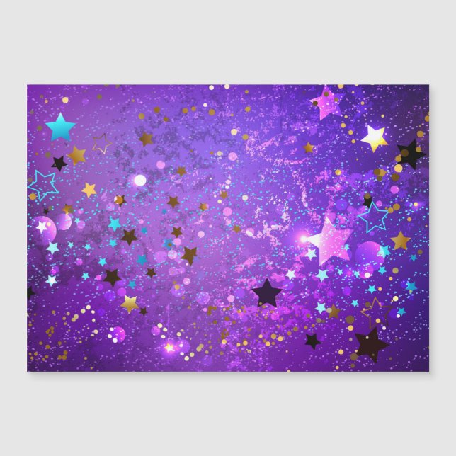 Purple foil background with Stars Magnetic Invitation (Front)