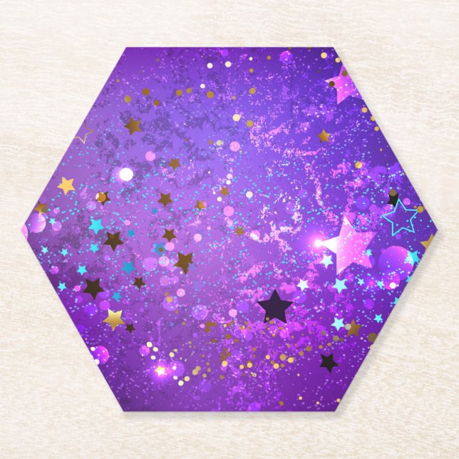 Purple foil background with Stars Paper Coaster (Front)