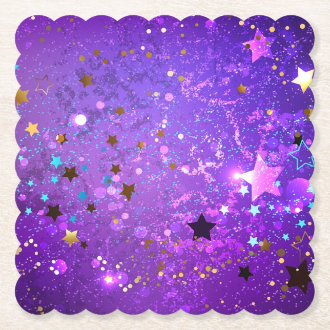Purple foil background with Stars Paper Coaster (Front)