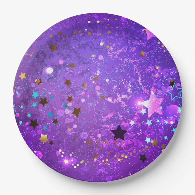 Purple foil background with Stars Paper Plates (Front)