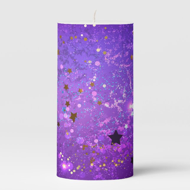 Purple foil background with Stars Pillar Candle (Front)