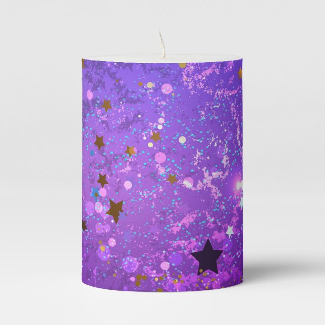 Purple foil background with Stars Pillar Candle (Front)