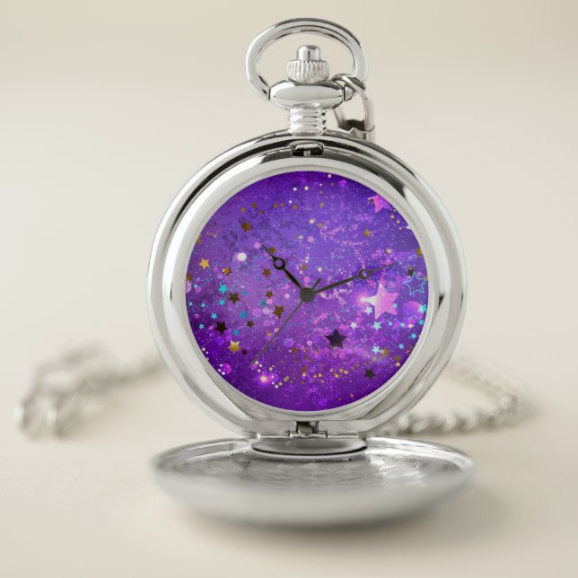 Purple foil background with Stars Pocket Watch (Inside)