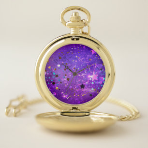Purple foil background with Stars Pocket Watch