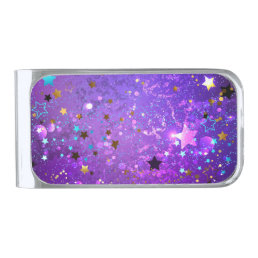 Purple foil background with Stars Silver Finish Money Clip