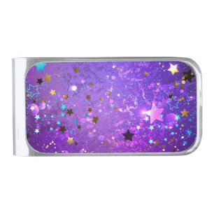 Purple foil background with Stars Silver Finish Money Clip
