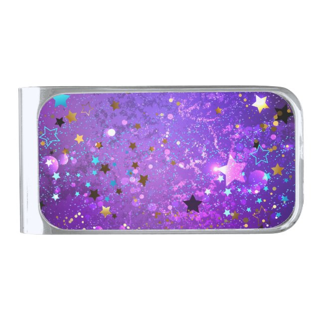 Purple foil background with Stars Silver Finish Money Clip (Front)