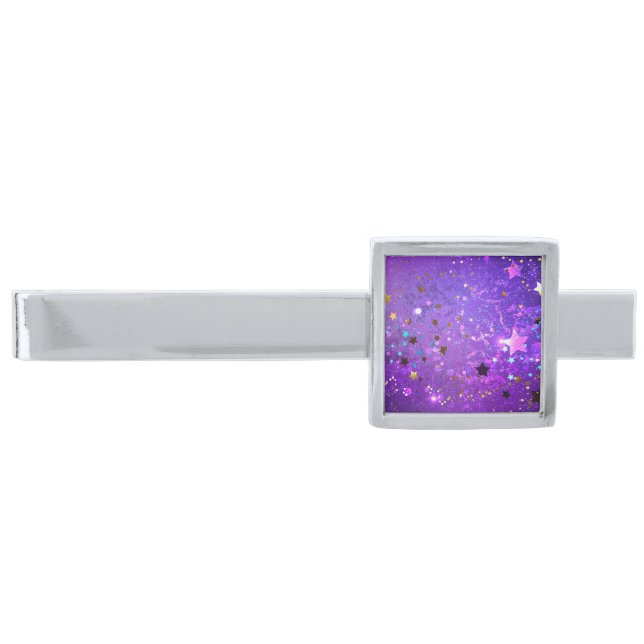 Purple foil background with Stars Silver Finish Tie Bar (Front)