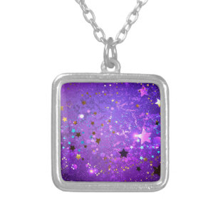 Purple foil background with Stars Silver Plated Necklace