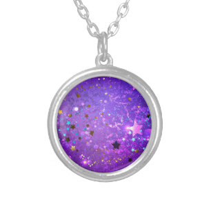 Purple foil background with Stars Silver Plated Necklace