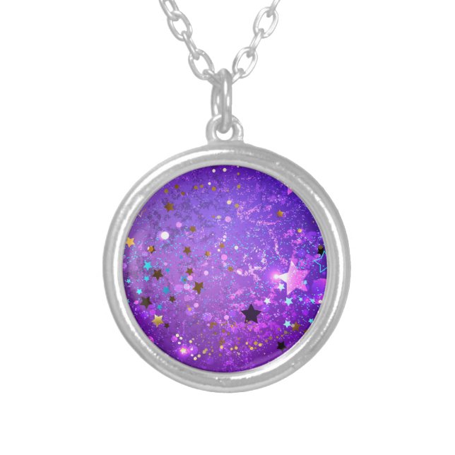 Purple foil background with Stars Silver Plated Necklace (Front)