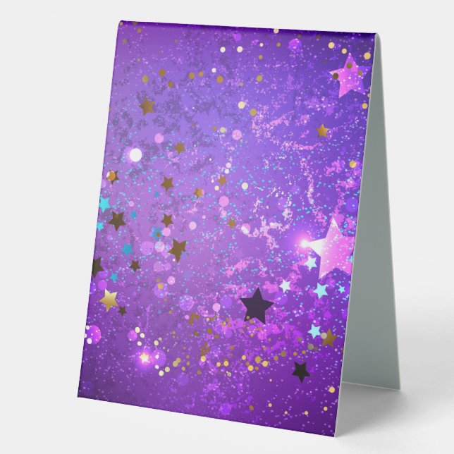 Purple foil background with Stars Table Tent (Front)