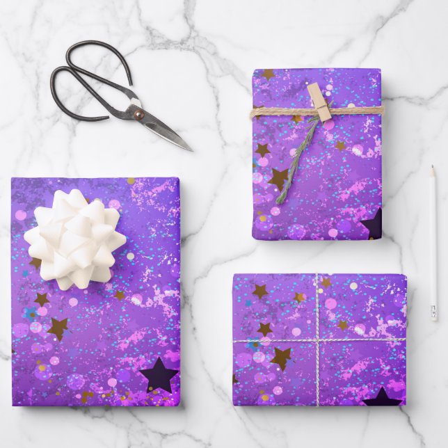 Purple foil background with Stars Wrapping Paper Sheets (Front)