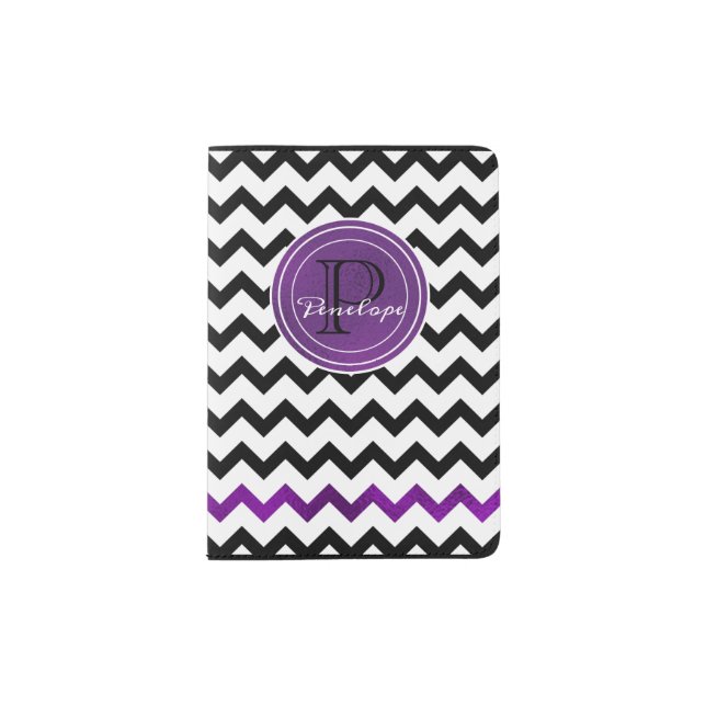 Purple Foil Black Chevron Monogram Passport Holder (Front)