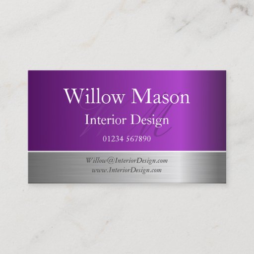 Customizable Purple Foil & Brushed Steel Monogram Business Card