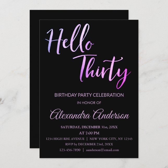 Purple Foil Hello 30 Thirty Birthday Party Invitation (Front/Back)