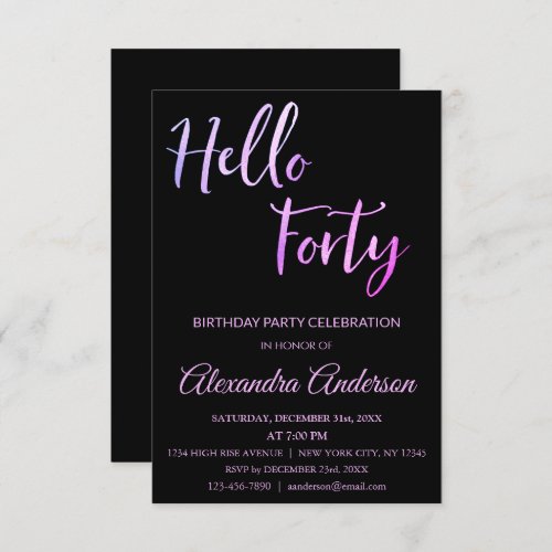 Purple Foil Hello 40 Forty Birthday Party Invitation