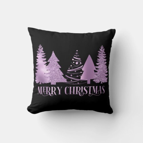 Purple Foil Look Metallic Merry Christmas Tree  Throw Pillow