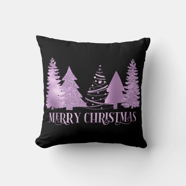 Purple Foil Look Metallic Merry Christmas Tree  Throw Pillow (Front)