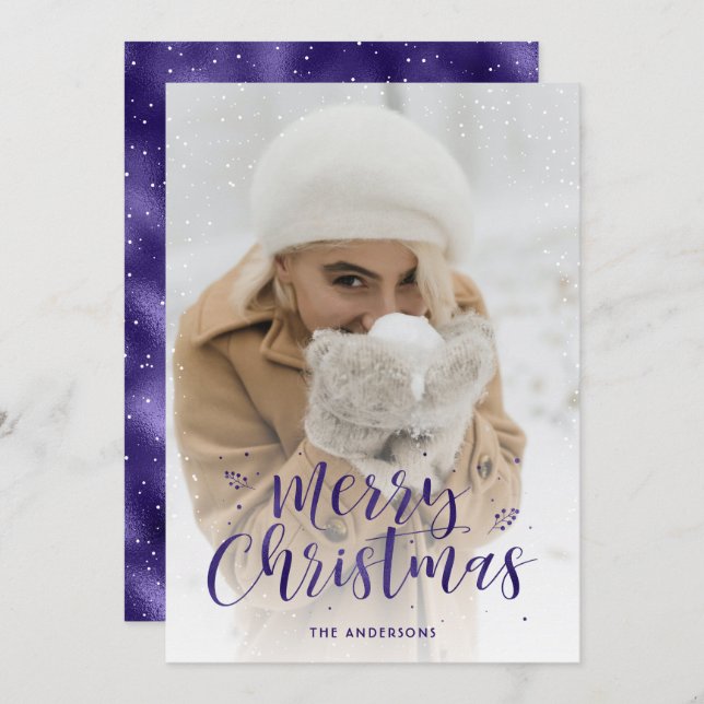 Purple Foil Script Snow Photo Christmas Cards (Front/Back)