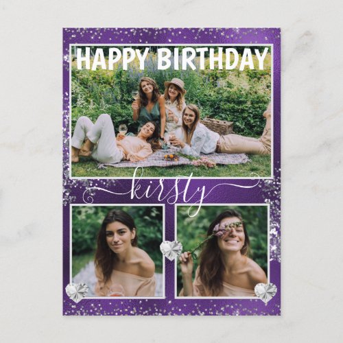 Purple Foil  Silver Glitter 3 Photo Birthday Postcard