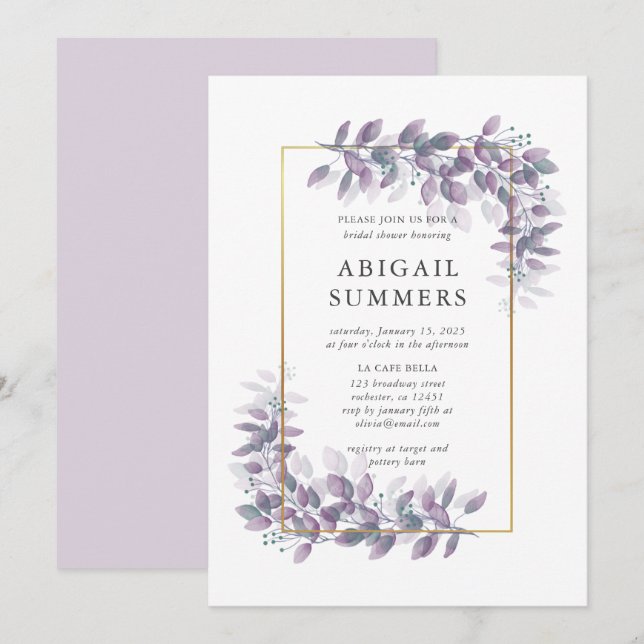 Purple Foliage and gold frame bridal shower Invitation (Front/Back)
