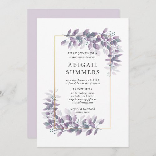 Purple Foliage and gold frame bridal shower Invitation