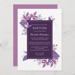 Purple foliage baptism. Plum violet botanical Invitation