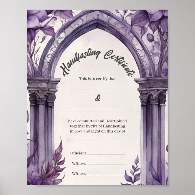 Purple Foliage Floral Arch Handfasting Certificate Poster (Front)