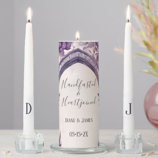 Purple Foliage Floral Arch Pagan Handfasting Unity Candle Set (In Situ)