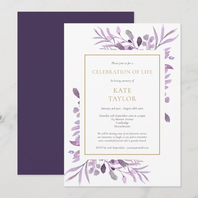 Purple Foliage Gold Celebration of Life Funeral Invitation (Front/Back)