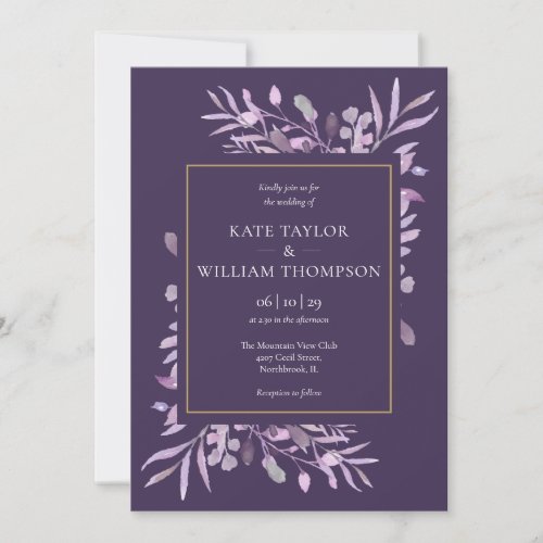 Purple Foliage Gold Geometric Wedding Invitation