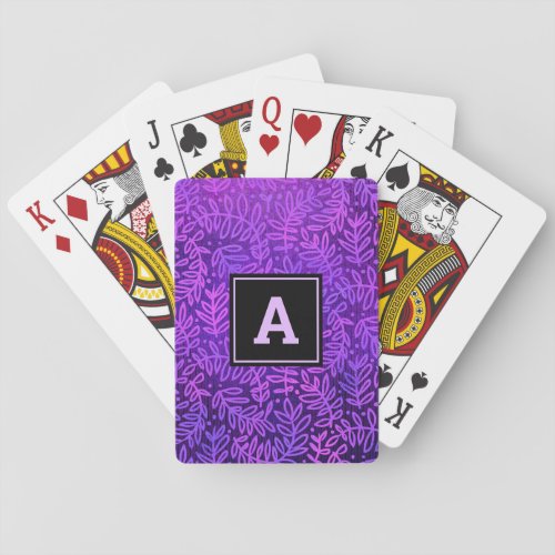 Purple foliage leaves pattern bold modern monogram poker cards