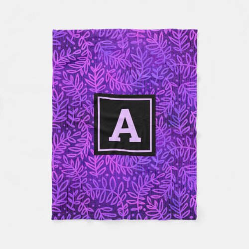 Purple foliage leaves pattern modern bold monogram fleece blanket