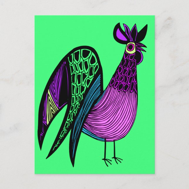 Purple Folk Art Rooster Postcard (Front)