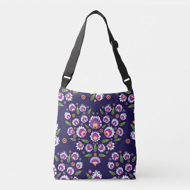 Purple folk flowers, heart shaped crossbody bag (Front)