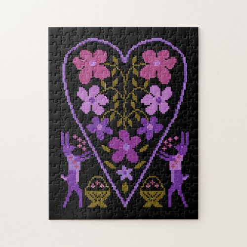 Purple Folky Floral Heart with Rabbits Puzzle