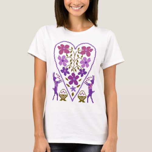 Purple Folky Floral Heart with Rabbits T_Shirt