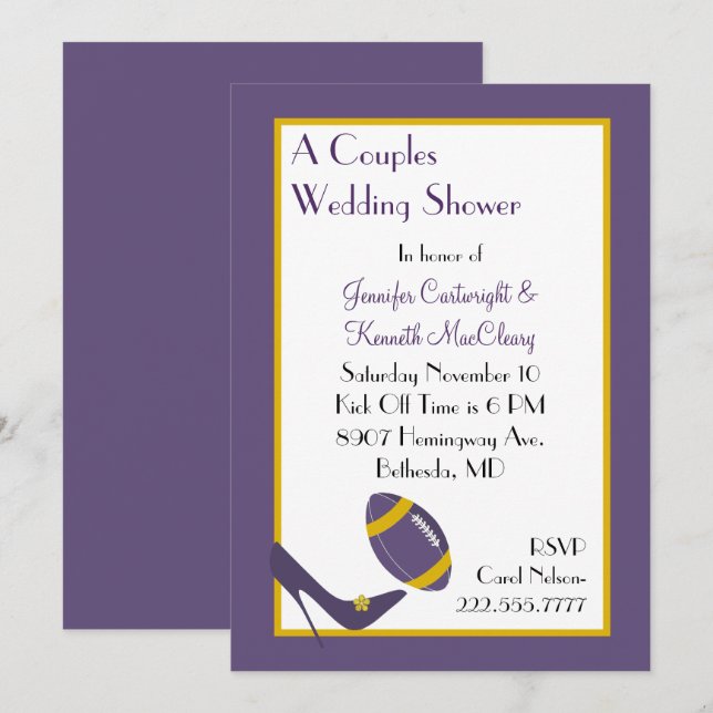 Purple Football Couples Wedding Shower Invitation (Front/Back)